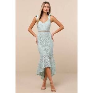 Lulus Won Your Heart Sage Green Lace Tie-strap High-low Midi Dress - Size M